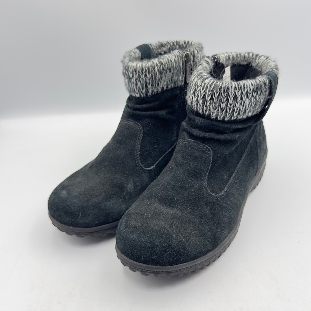 Khombu Laura Women's Black Suede Ankle Boots Knit Sweater Cuff Side Zip Size 8M‎